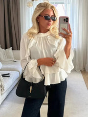 Elegant Long Puff Sleeve Chiffon Ruffled Shirts
