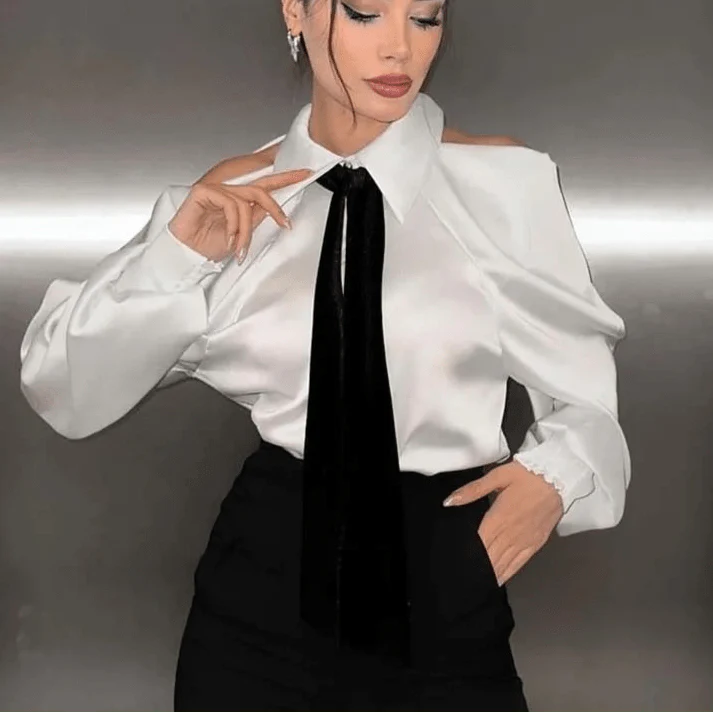 Elegant Patchwork Turn-Down Collar Shirt with Necktie