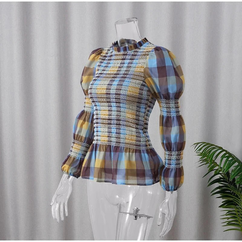 Elegant Plaid Printed Puff Sleeve Blouses