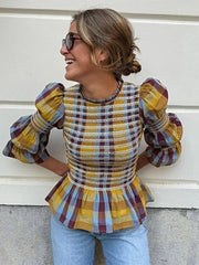 Elegant Plaid Printed Puff Sleeve Blouses