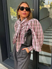 Elegant Plaid Puff Sleeve Tie Neck Blouse