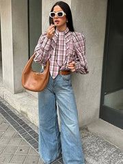 Elegant Plaid Puff Sleeve Tie Neck Blouse