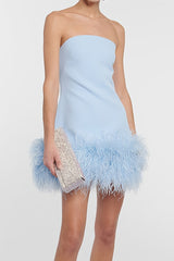 strapless feather trim mini dress