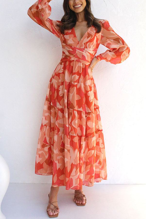 Abstract Floral Balloon Sleeves Maxi Dress