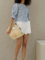 Fashion Blue Print Hollow Out Shirt