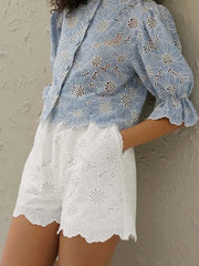 Fashion Blue Print Hollow Out Shirt