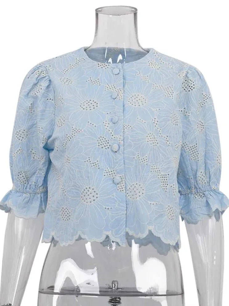 Fashion Blue Print Hollow Out Shirt