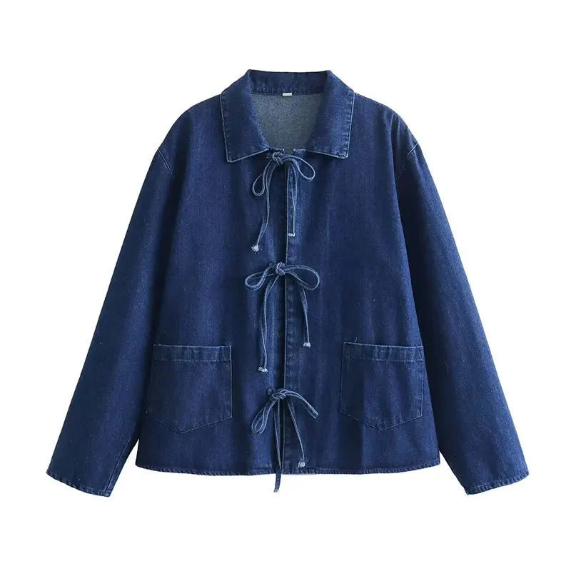 Fashionable Lace-Up Denim Blouse with Pockets