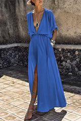 Deep V-neck Solid Color Mid-sleeve Large Swing Split Long Dress