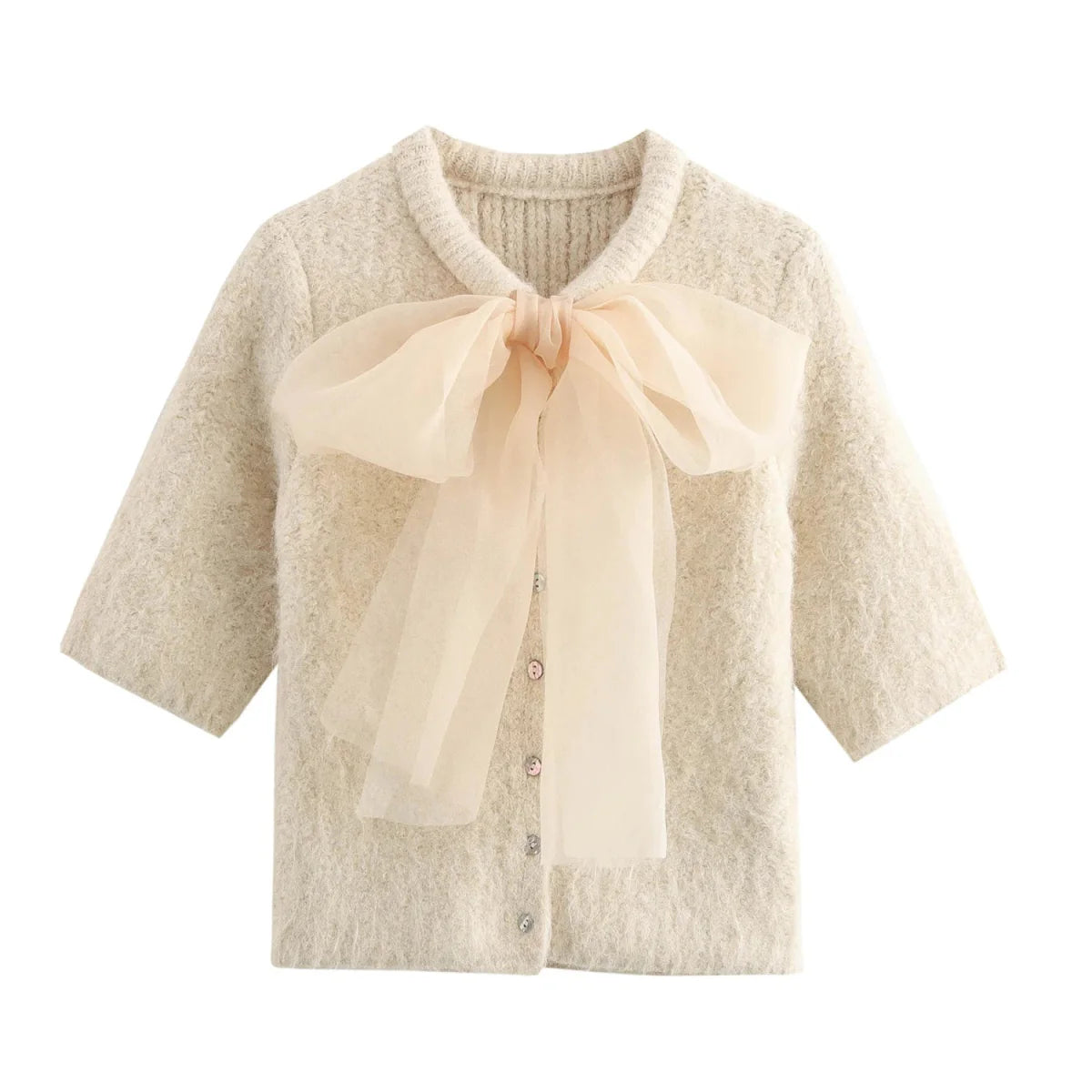 Fluffy Knitted Cardigan with Lace Bow