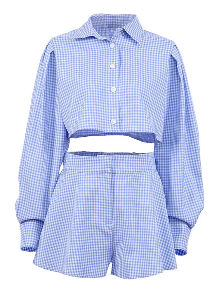 Gingham Lantern Sleeve Tops Short 2 Sets