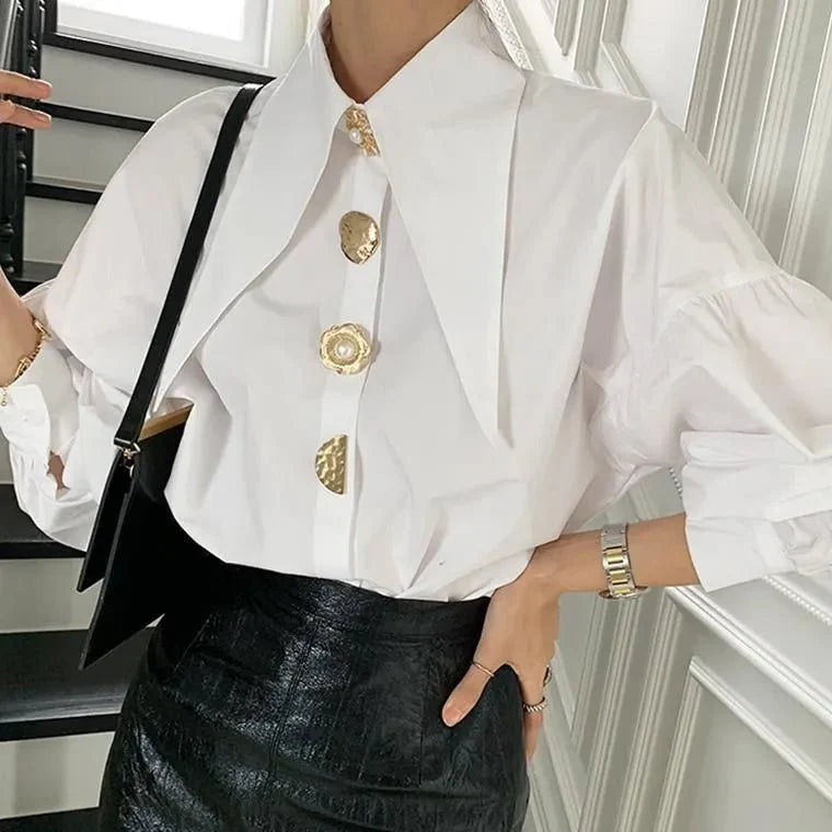 Gold Button Sharp Collar Blouses Tops
