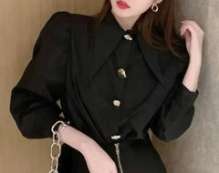 Gold Button Sharp Collar Blouses Tops
