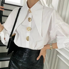 Gold Button Sharp Collar Blouses Tops