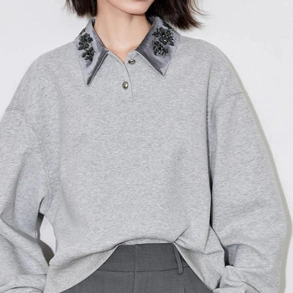 Gray Turn-Down Collar Sweatshirt