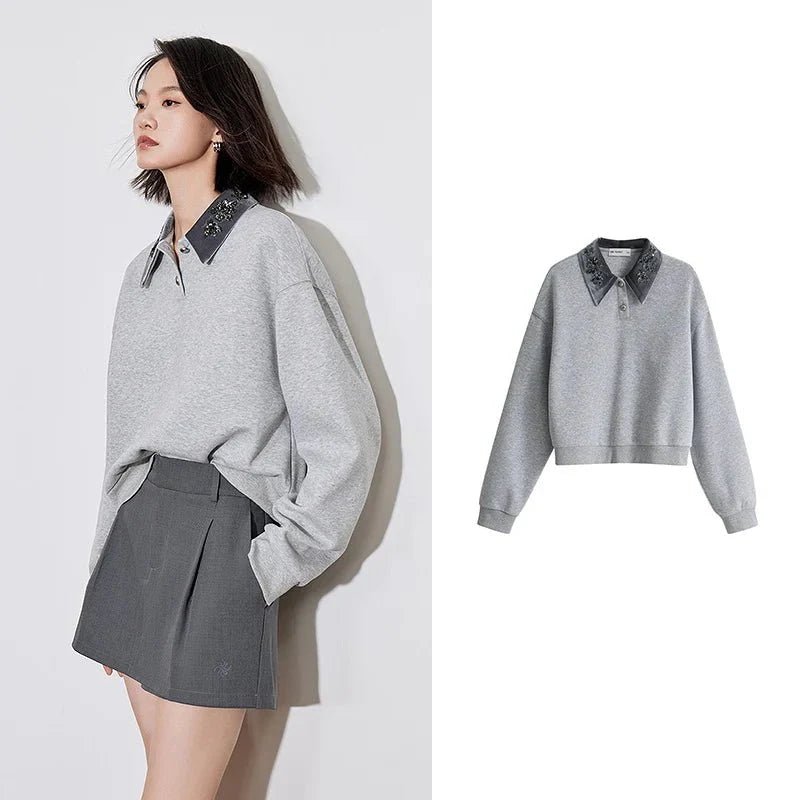 Gray Turn-Down Collar Sweatshirt
