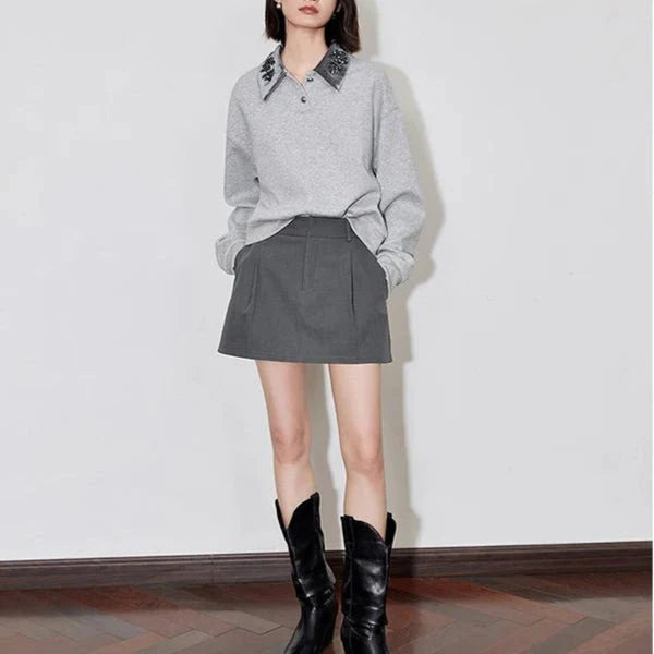 Gray Turn-Down Collar Sweatshirt