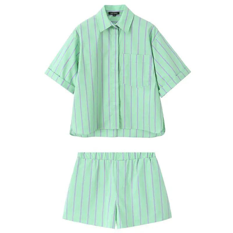 Green Striped Shirt Casual Boxer Shorts 2 Set
