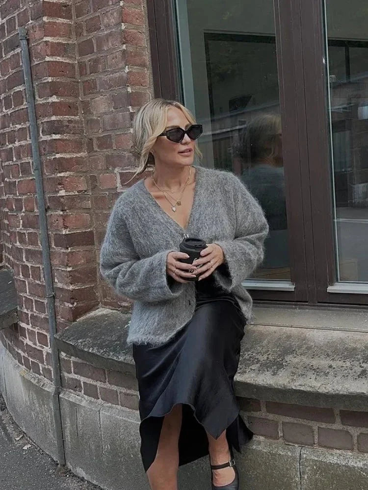 Grey Mohair Knit Cardigan