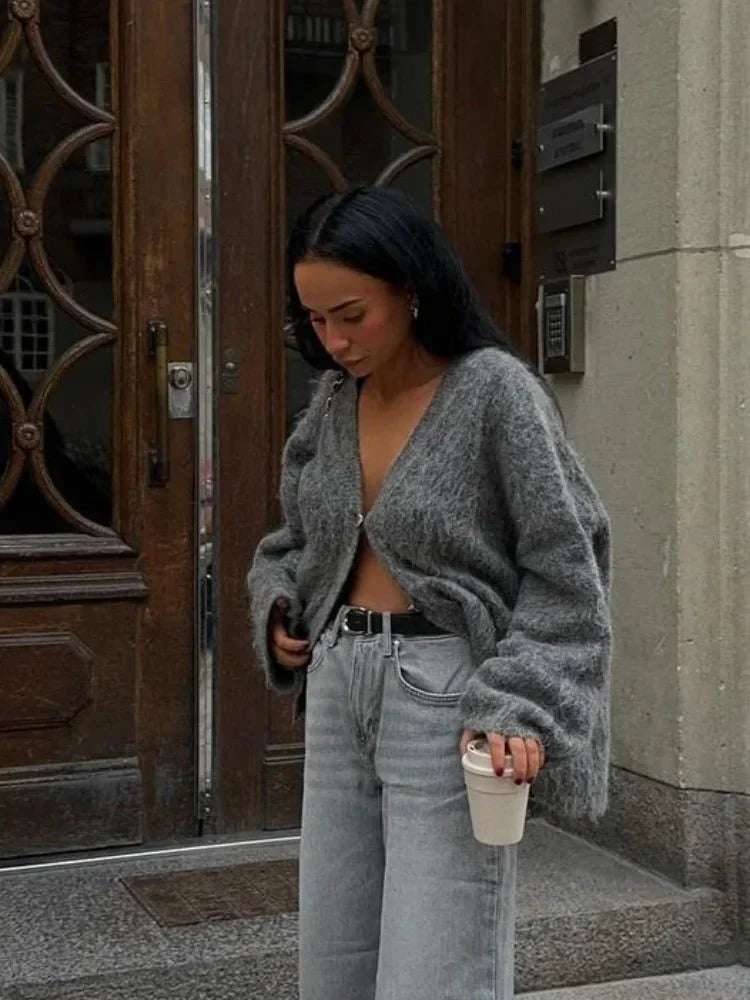 Grey Mohair Knit Cardigan