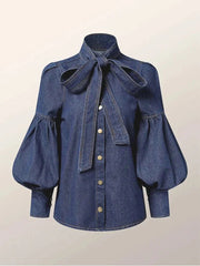 Long Puff Sleeves with Bow High Neck Blouse