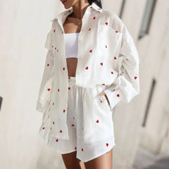 Heart Printed Shirt Short Lounge 2 Piece Outfits