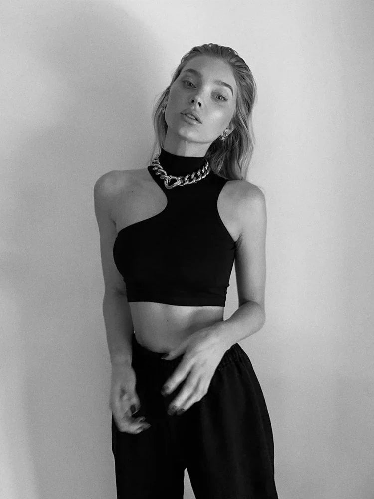High Neck Cut-Out Asymmetric Crop Tank Top