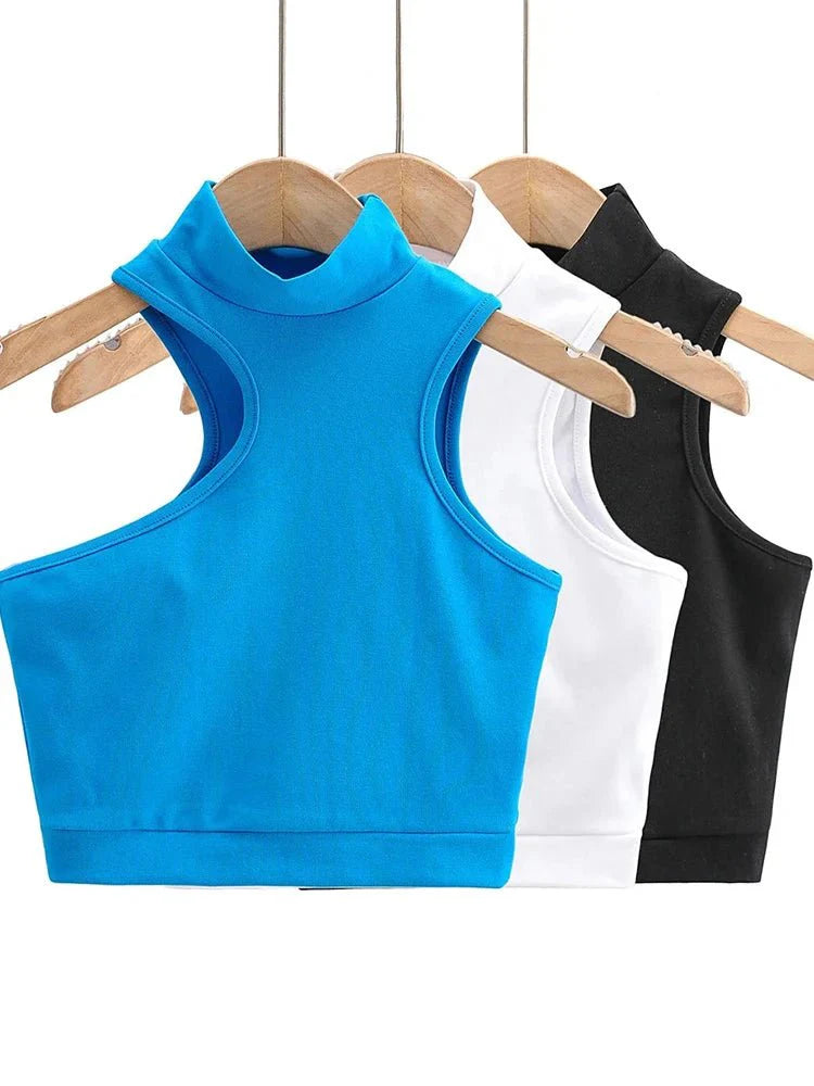 High Neck Cut-Out Asymmetric Crop Tank Top