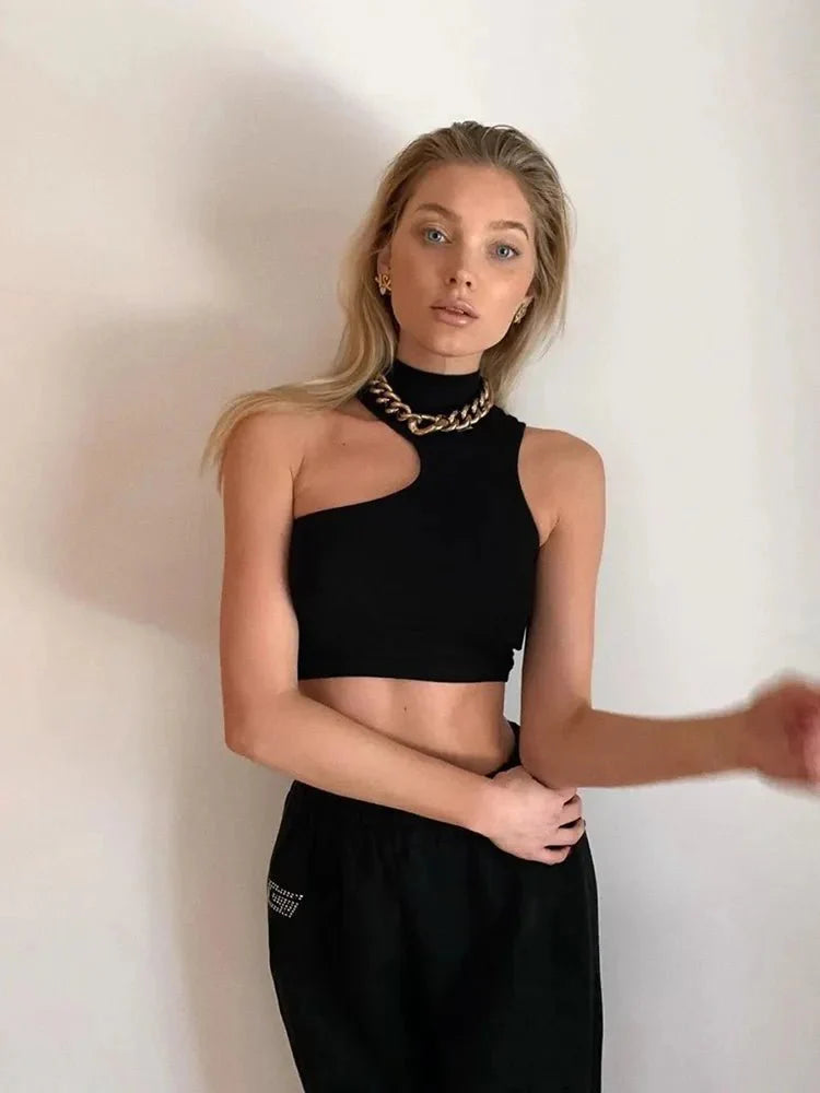 High Neck Cut-Out Asymmetric Crop Tank Top