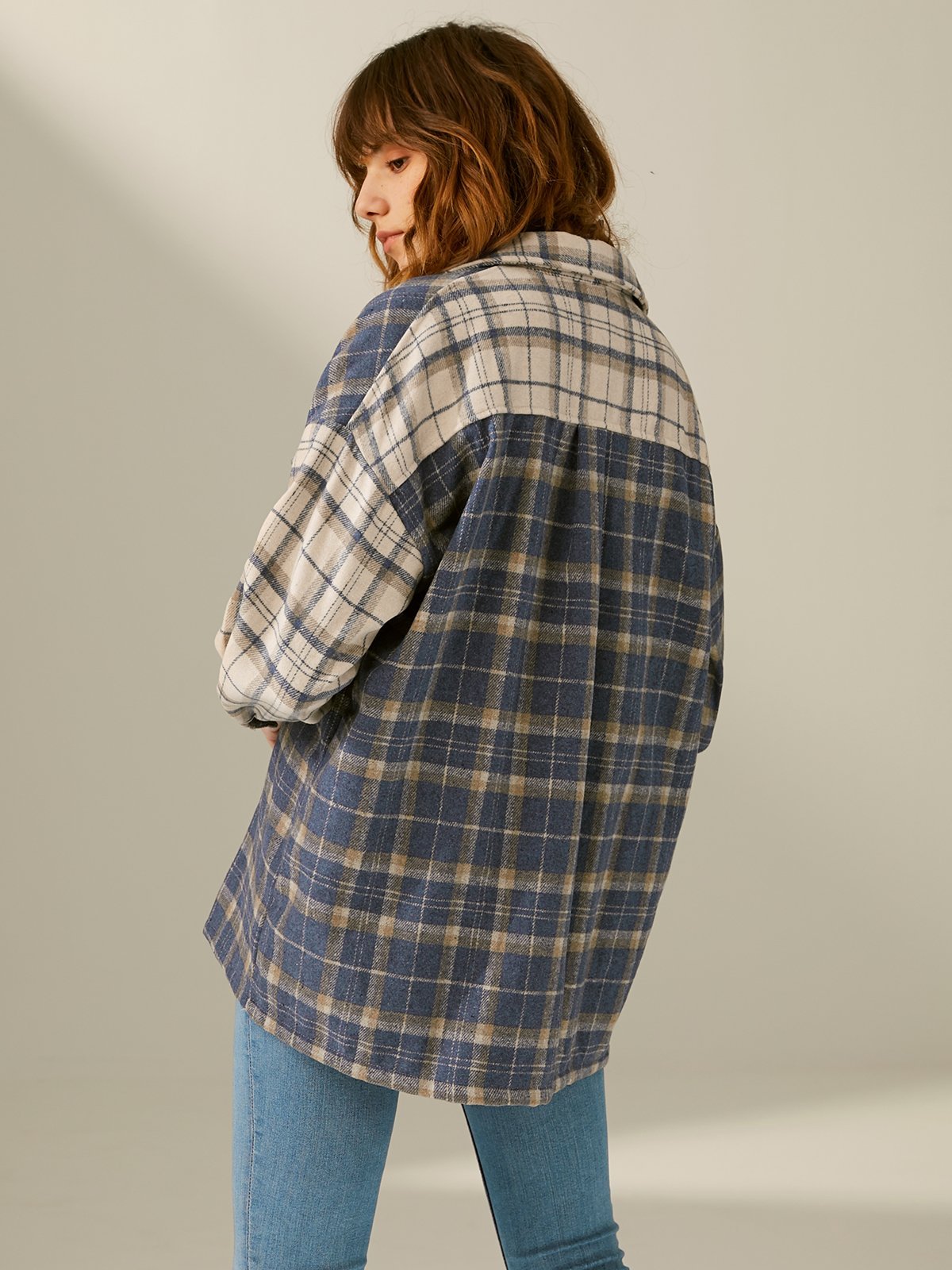 Oversized Color Blocked Plaid Flannel Shirt Jacket