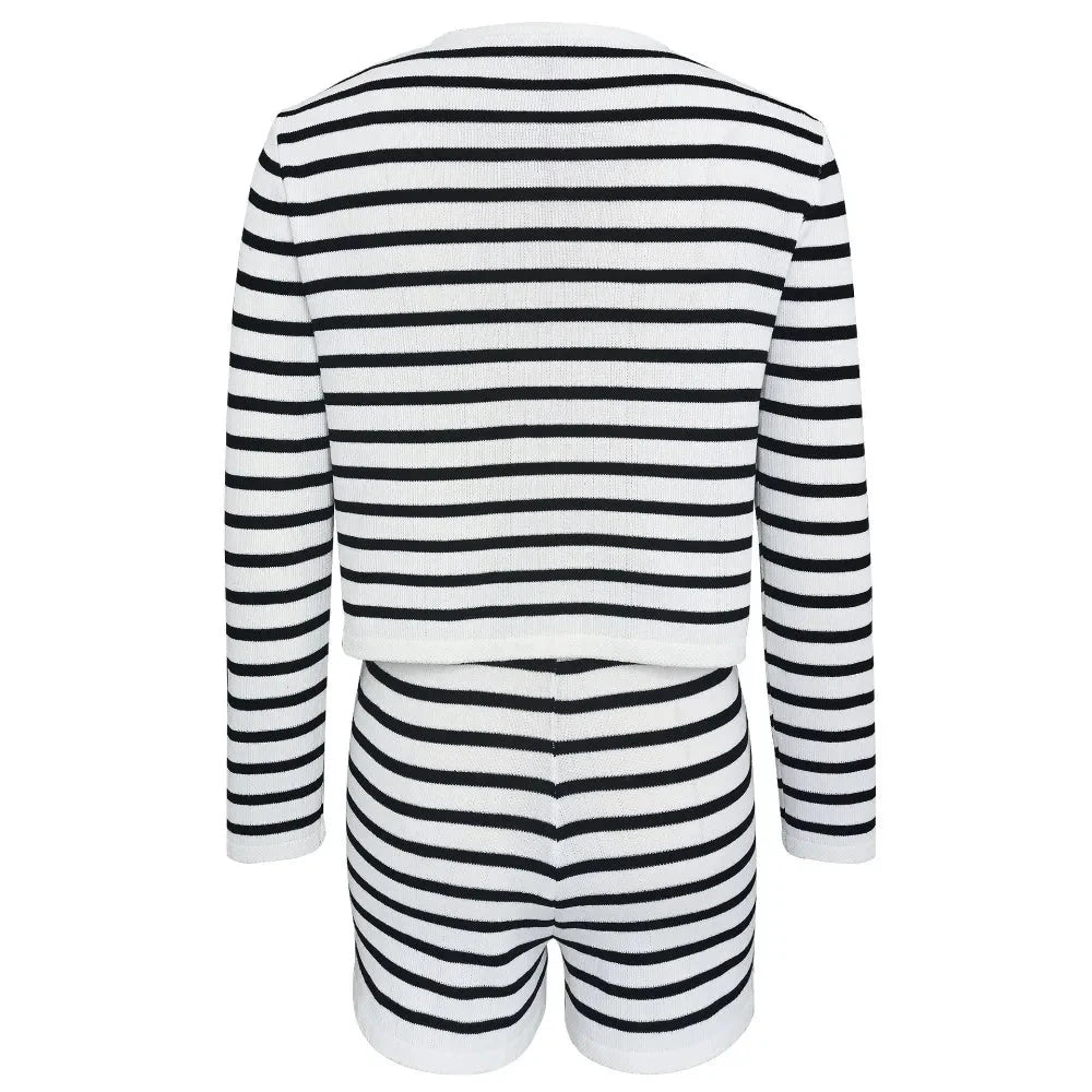 Knit Striped Sweater Jacket and Slim Shorts