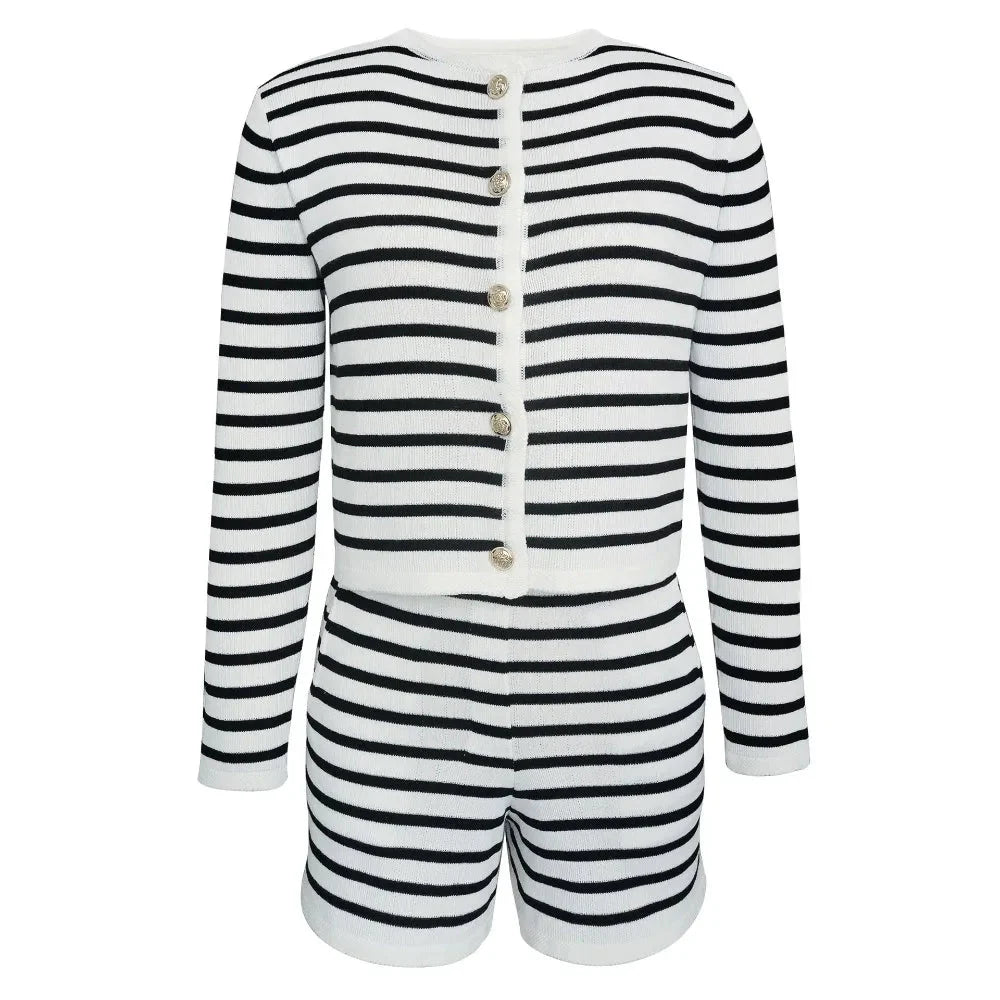 Knit Striped Sweater Jacket and Slim Shorts
