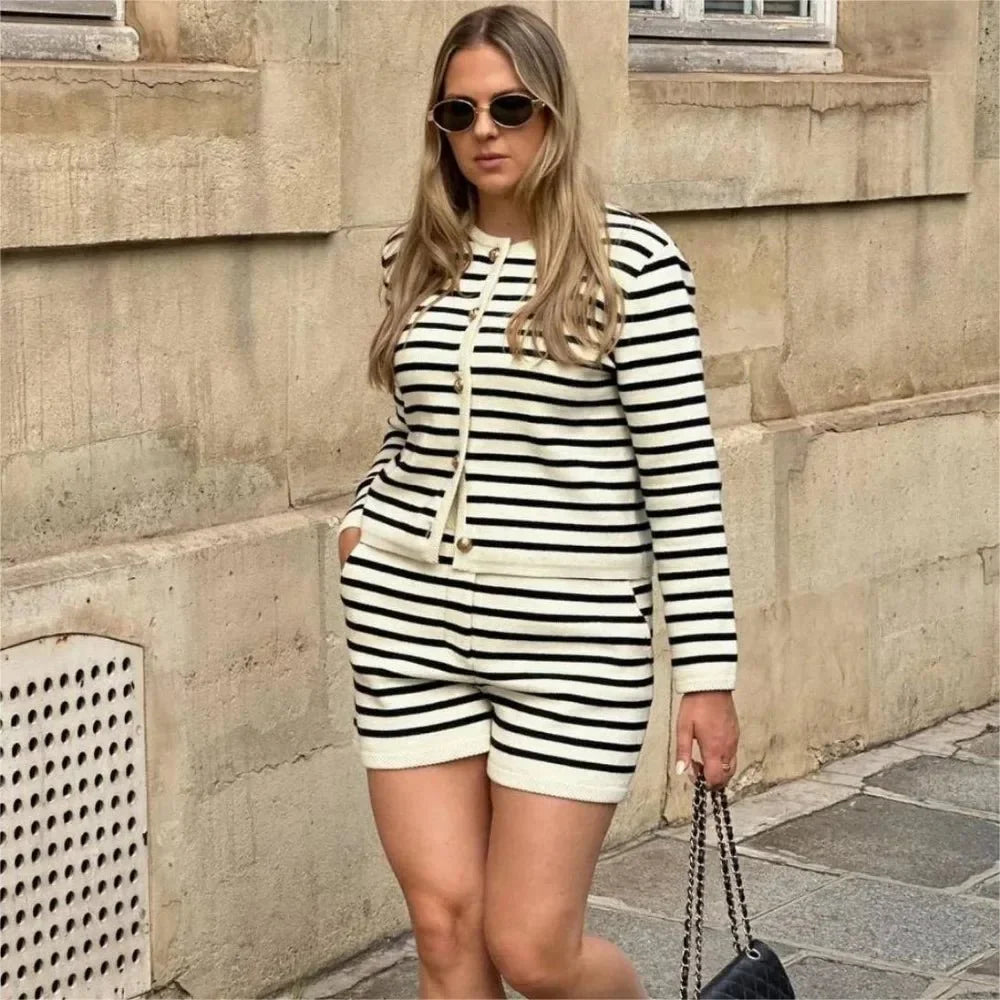 Knit Striped Sweater Jacket and Slim Shorts