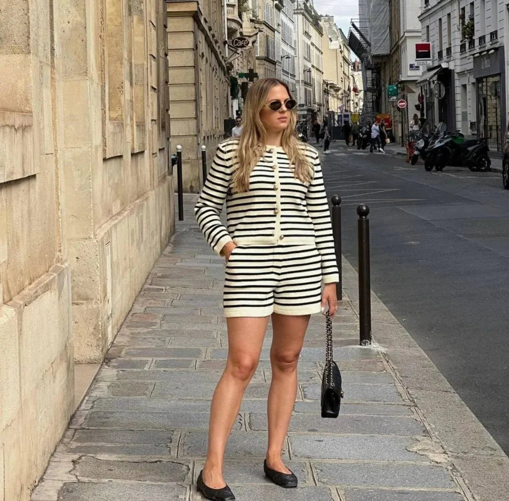Knit Striped Sweater Jacket and Slim Shorts