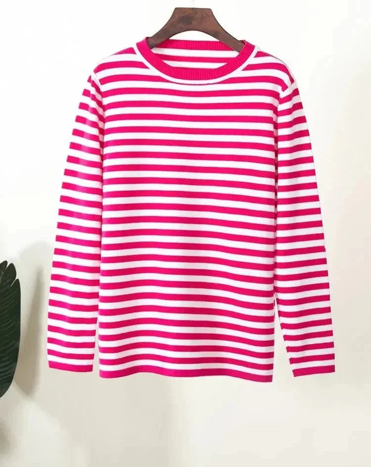 Knitted Stripe Sweater Round Neck Top