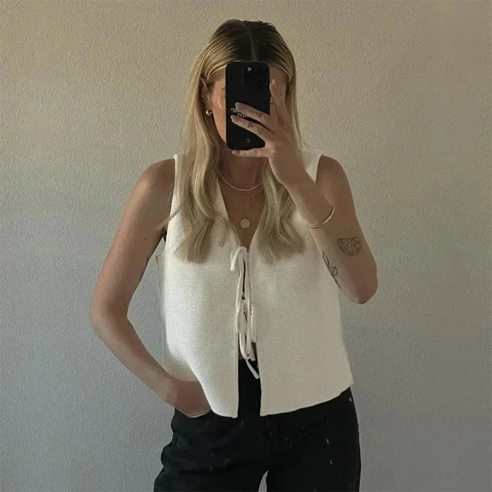 Knitted V-neck Hollow Out Lace-up Vest