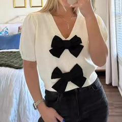 Knitted V-Neck Short Puff Sleeve Shirt