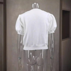 Knitted V-Neck Short Puff Sleeve Shirt