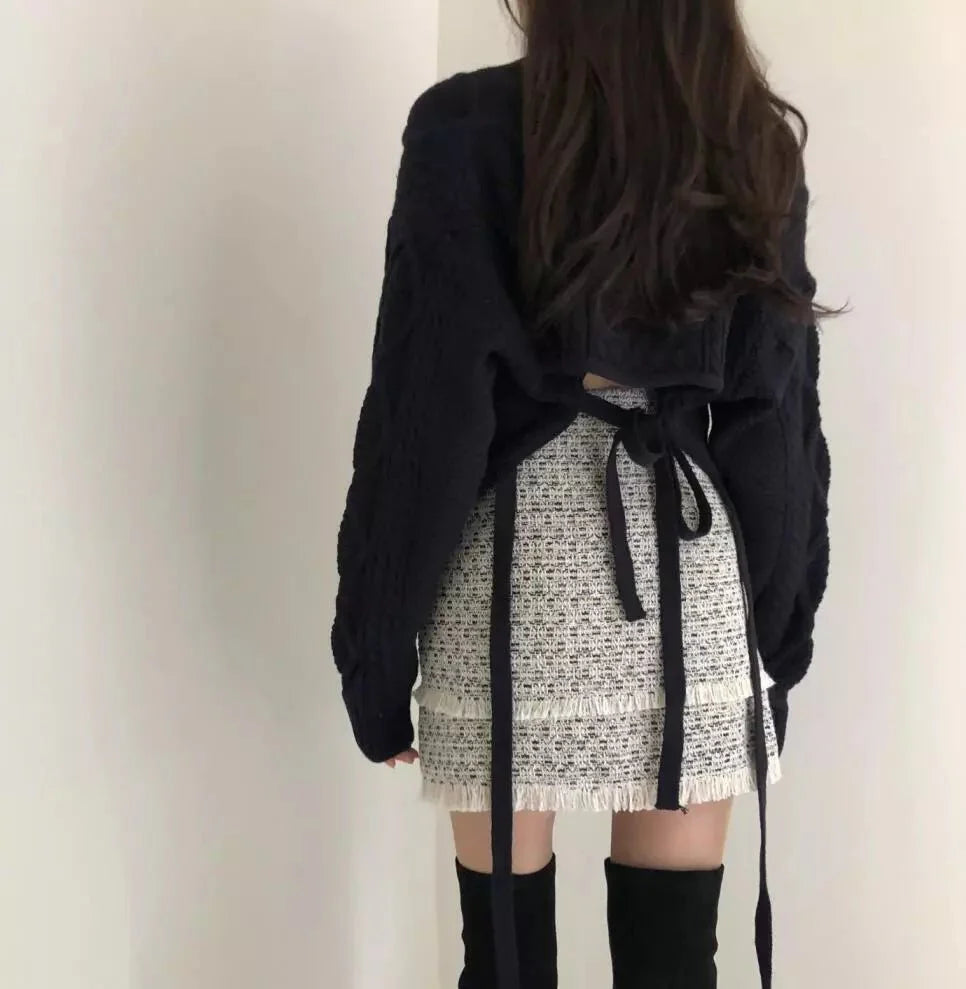 Lace Up Back Knit Cropped Sweater Pullover