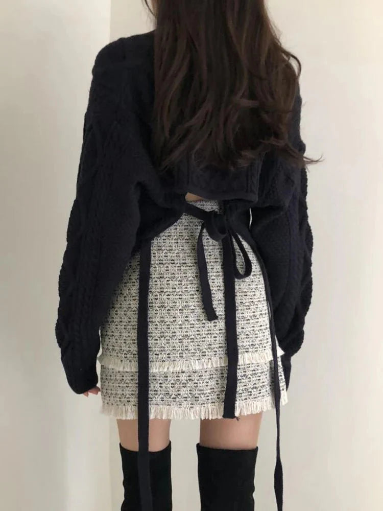 Lace Up Back Knit Cropped Sweater Pullover