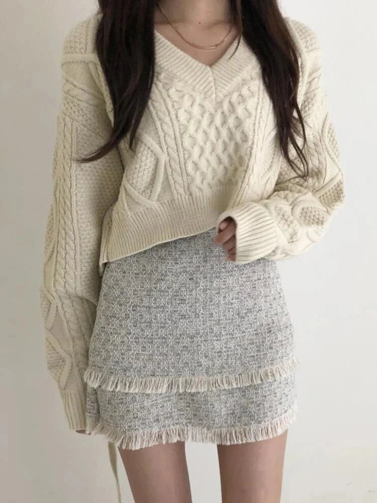 Lace Up Back Knit Cropped Sweater Pullover