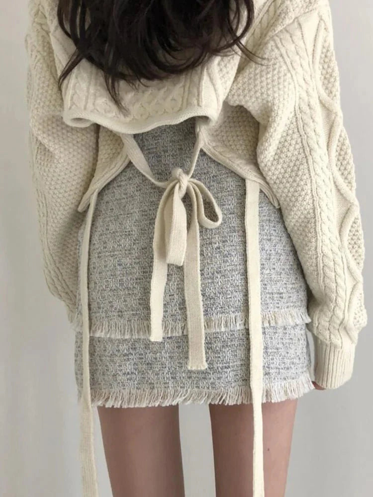 Lace Up Back Knit Cropped Sweater Pullover