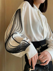 Lantern Sleeve Colorblock Loose Blouses