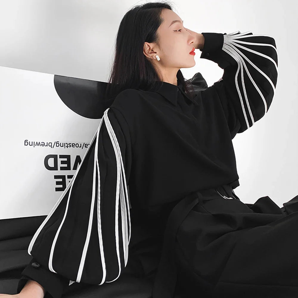 Lantern Sleeve Colorblock Loose Blouses