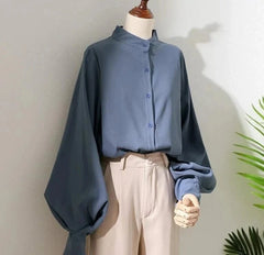 Lantern Sleeve High-neck Blouse