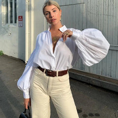 Lantern Sleeve V Neck Plain Shirts