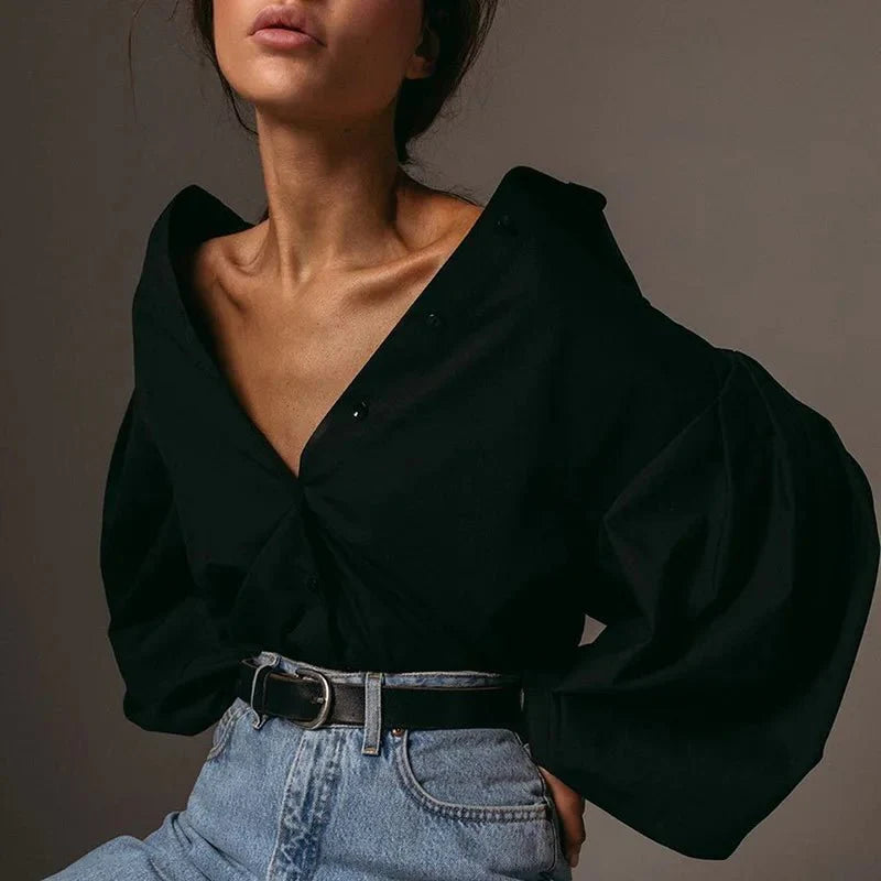 Lantern Sleeve V Neck Plain Shirts
