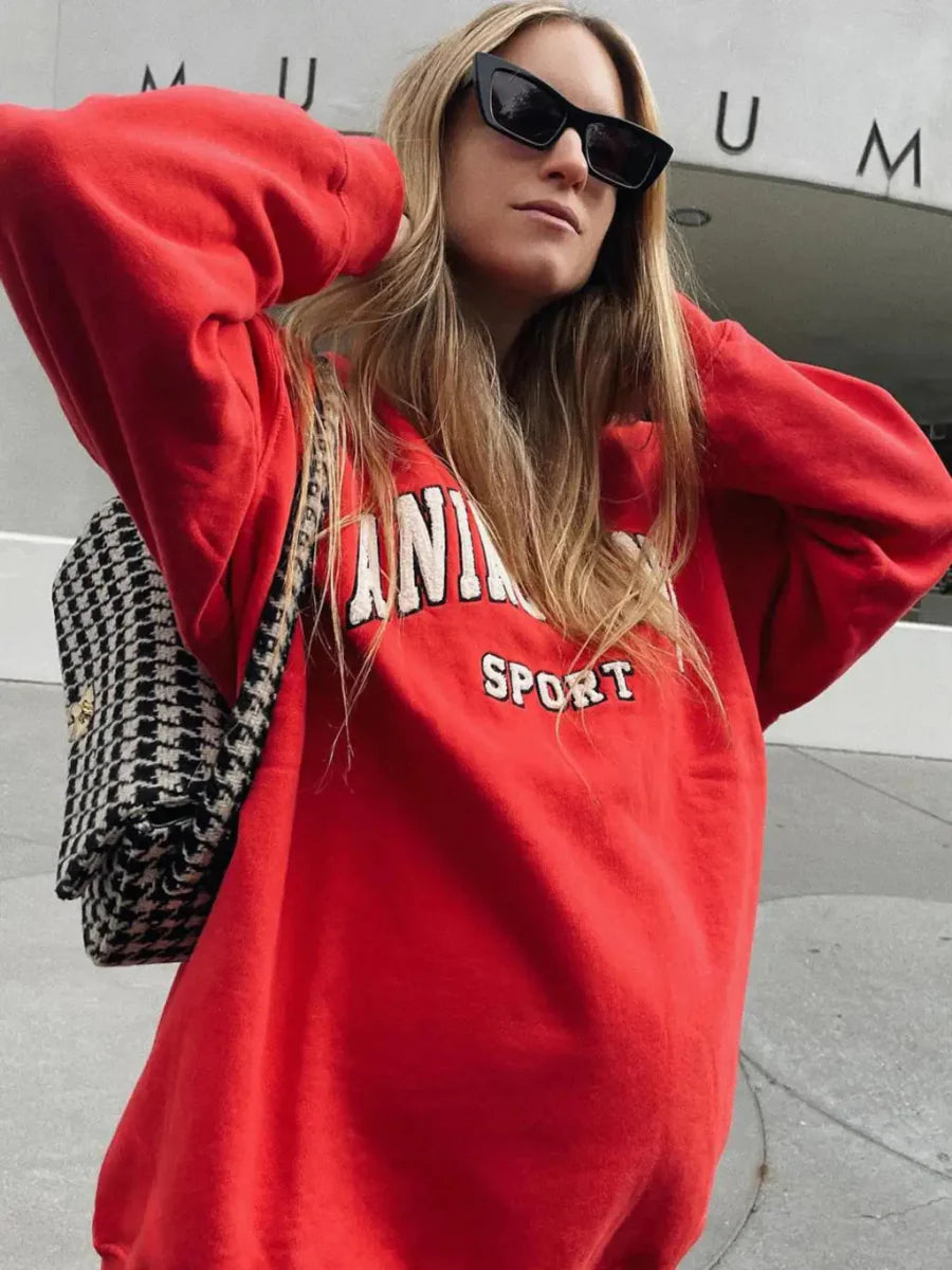 Letter Flocking Green Spring Autumn Vintage Sweatshirts Tops