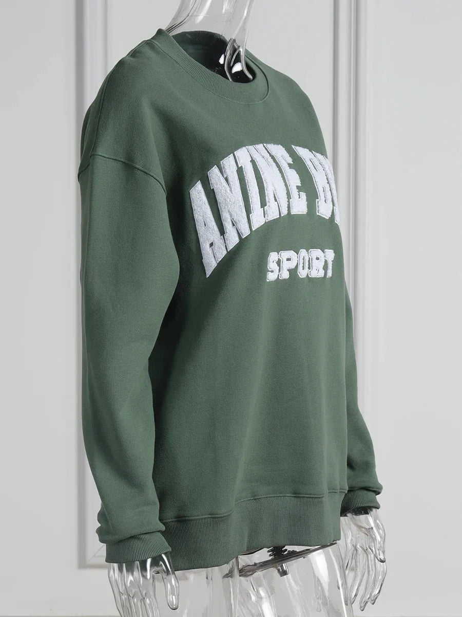 Letter Flocking Green Spring Autumn Vintage Sweatshirts Tops