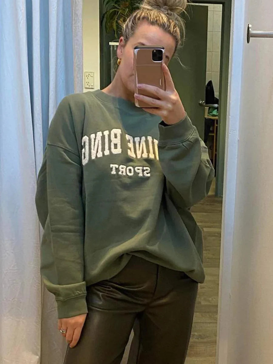 Letter Flocking Green Spring Autumn Vintage Sweatshirts Tops